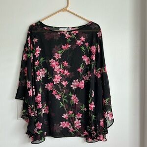 Black Pink Floral Poncho Top Size 2X Susan Graver Sheer Blouse